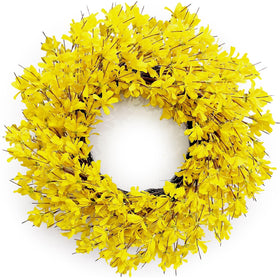 Huashen spring wreath with forsythia blooms enhances front door curb appeal.