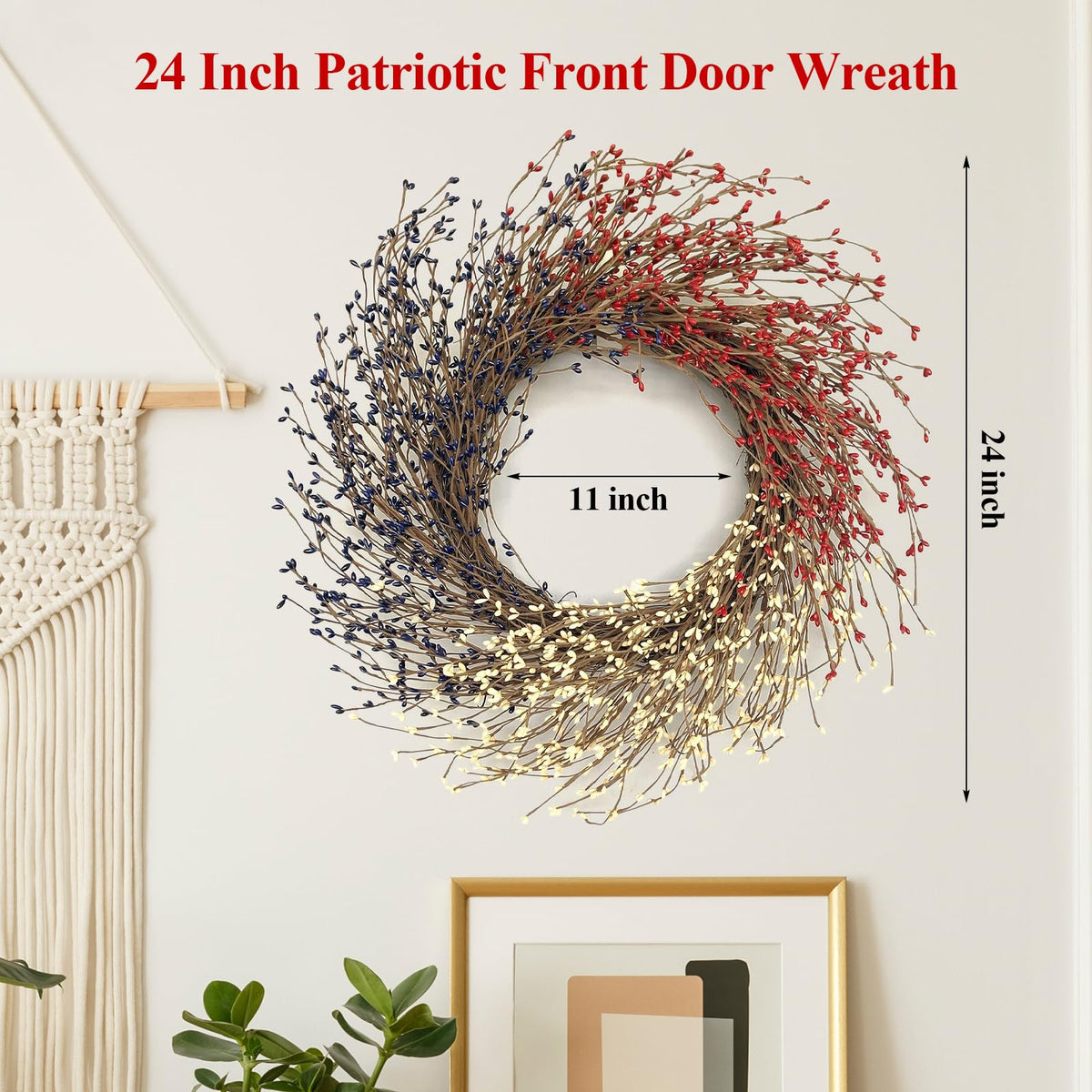 Huashen US flag colors grapevine wreath adds seasonal curb appeal.