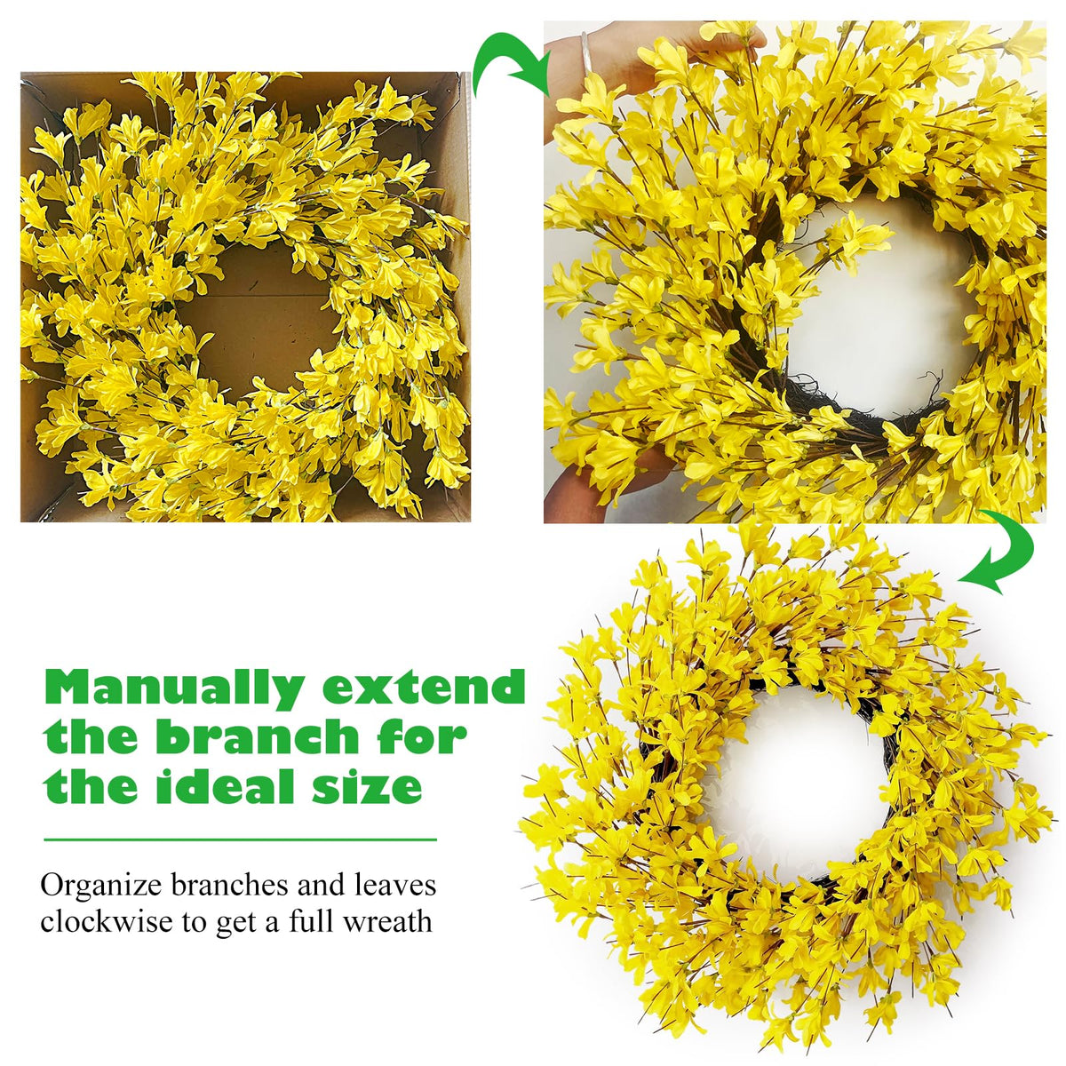 Huashen spring wreath on grapevine blends with farmhouse decor.