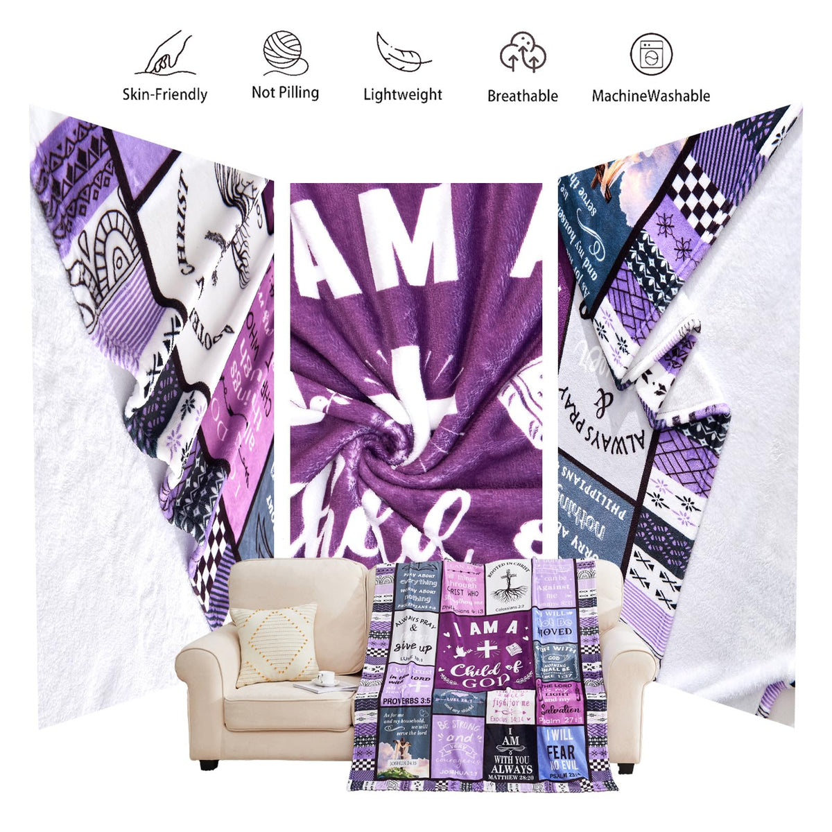HUBSERUG Gift-ready packaging for the I am a Child of God blanket in purple.