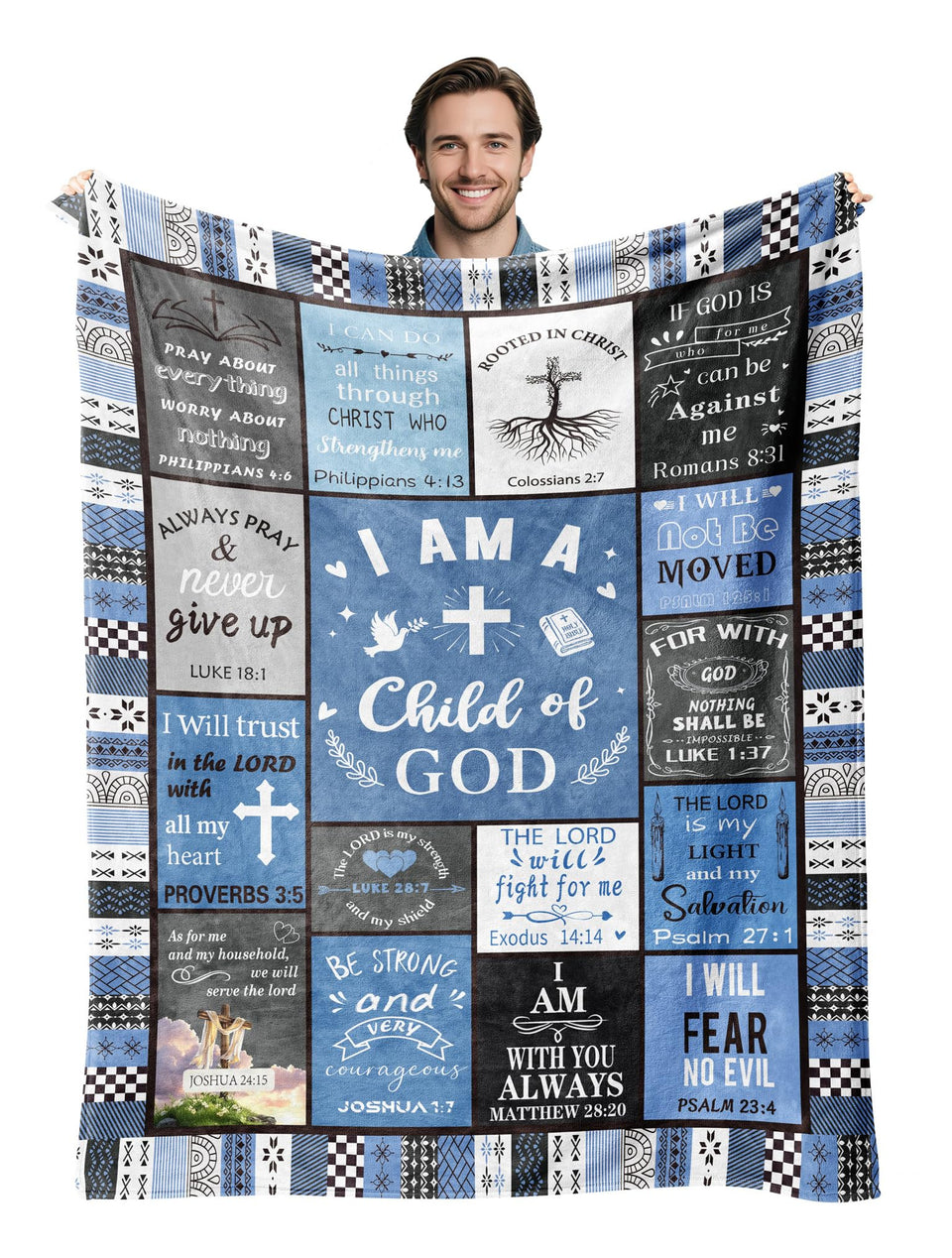 HUBSERUG I Am a Child of God blanket blue folded offers comforting warmth for quiet moments.