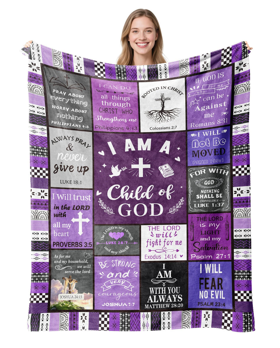 HUBSERUG I am a Child of God blanket in purple, cozy warmth for quiet devotion.