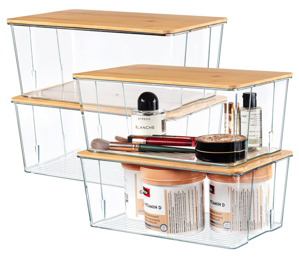 Hudgan 4-pack clear storage bins with bamboo lids for neat medicine cabinets
