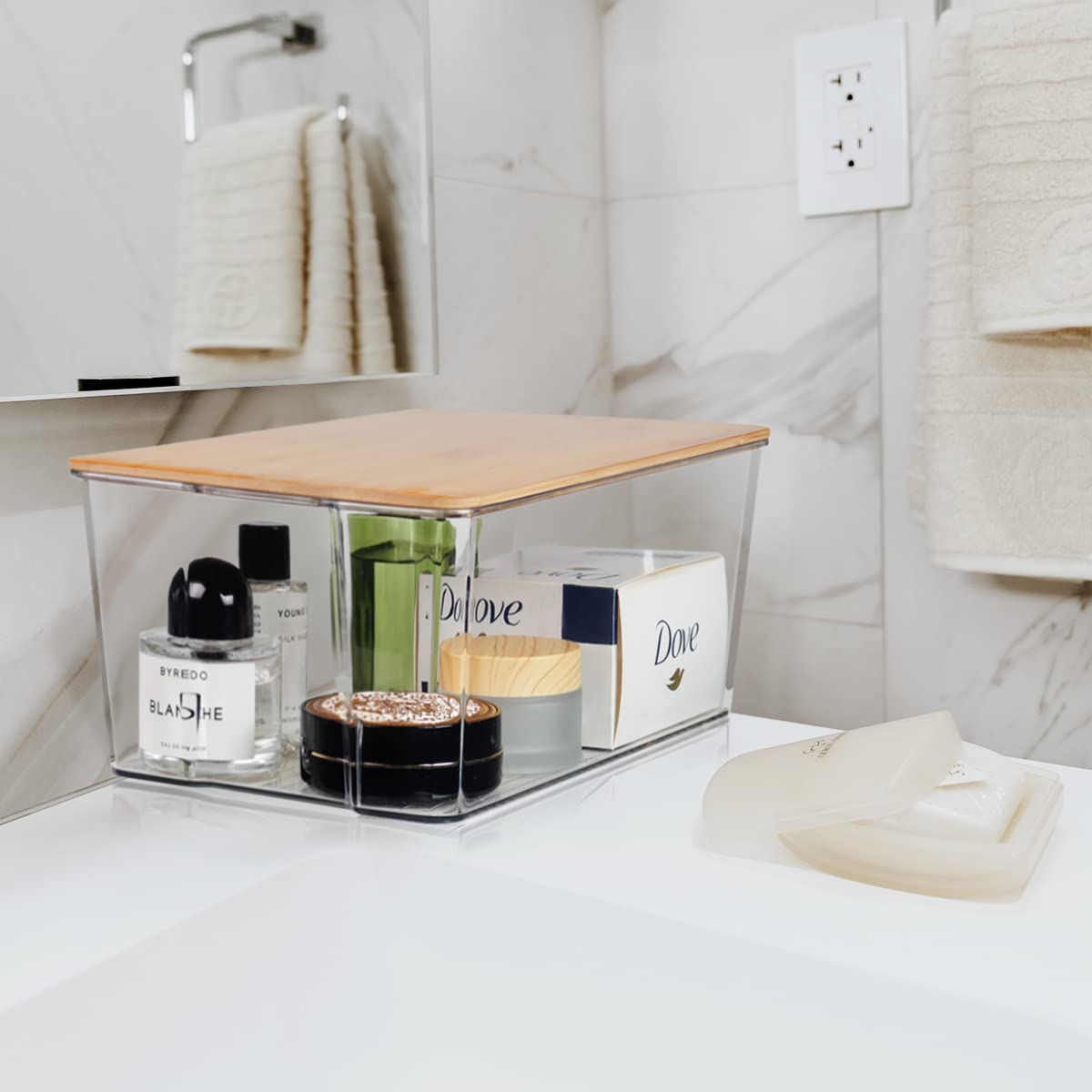 Hudgan medicine cabinet organization with clear bins for visibility