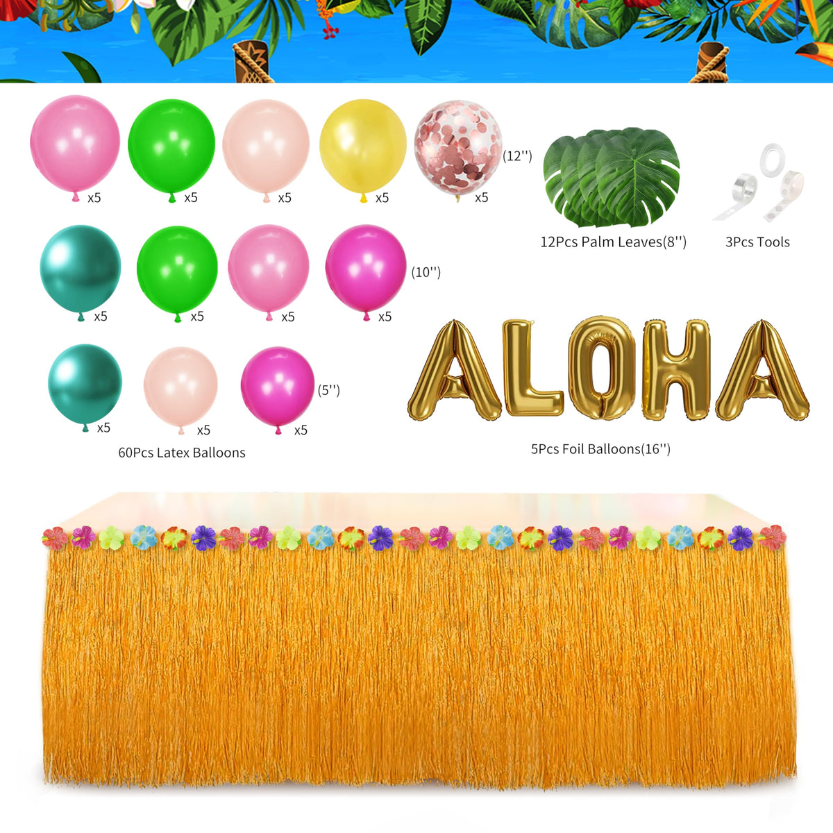 HUFAND Happy Birthday banner brightens a tropical party space with festive flair.
