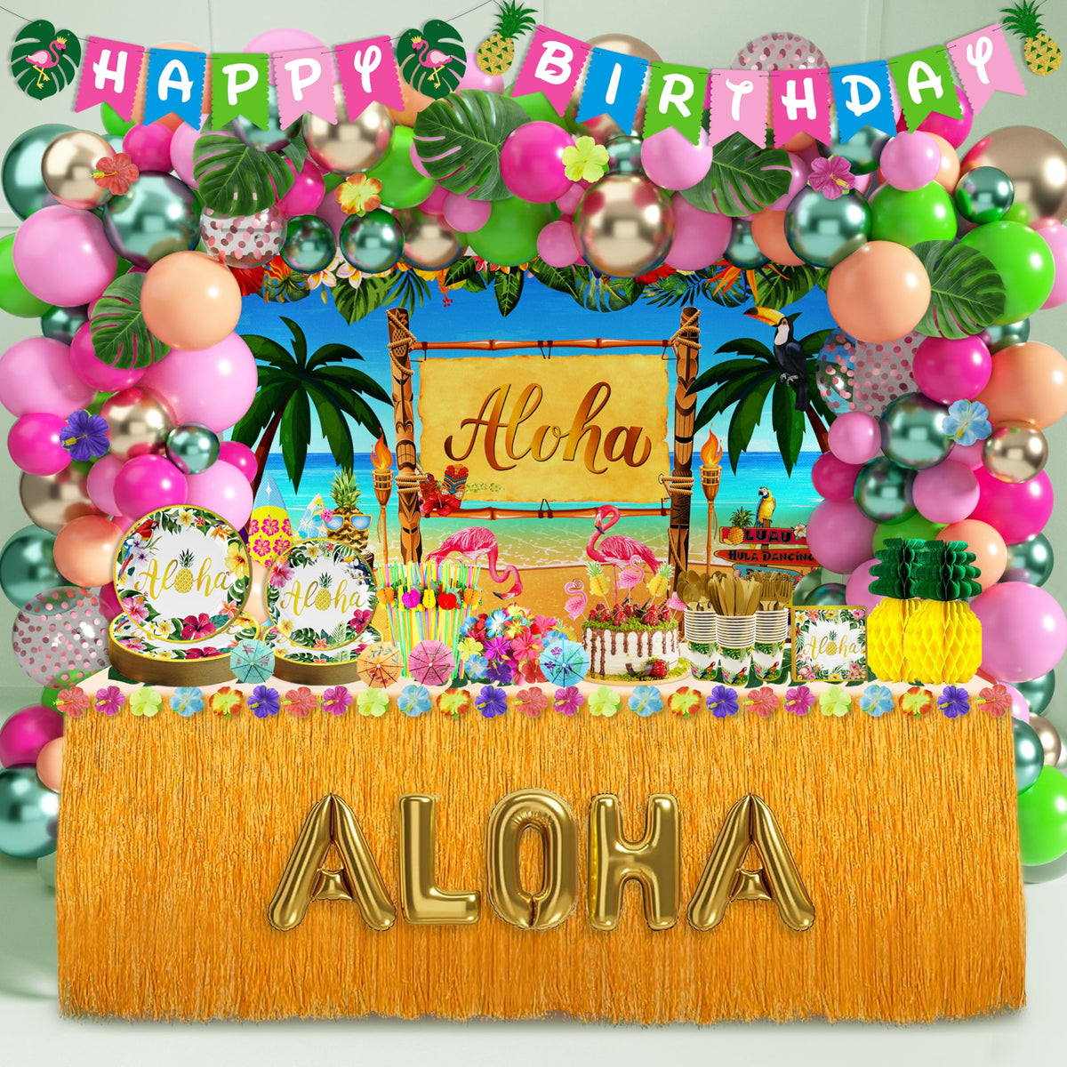 HUFAND Luau banner Happy Birthday adds tropical flair for festive celebrations.