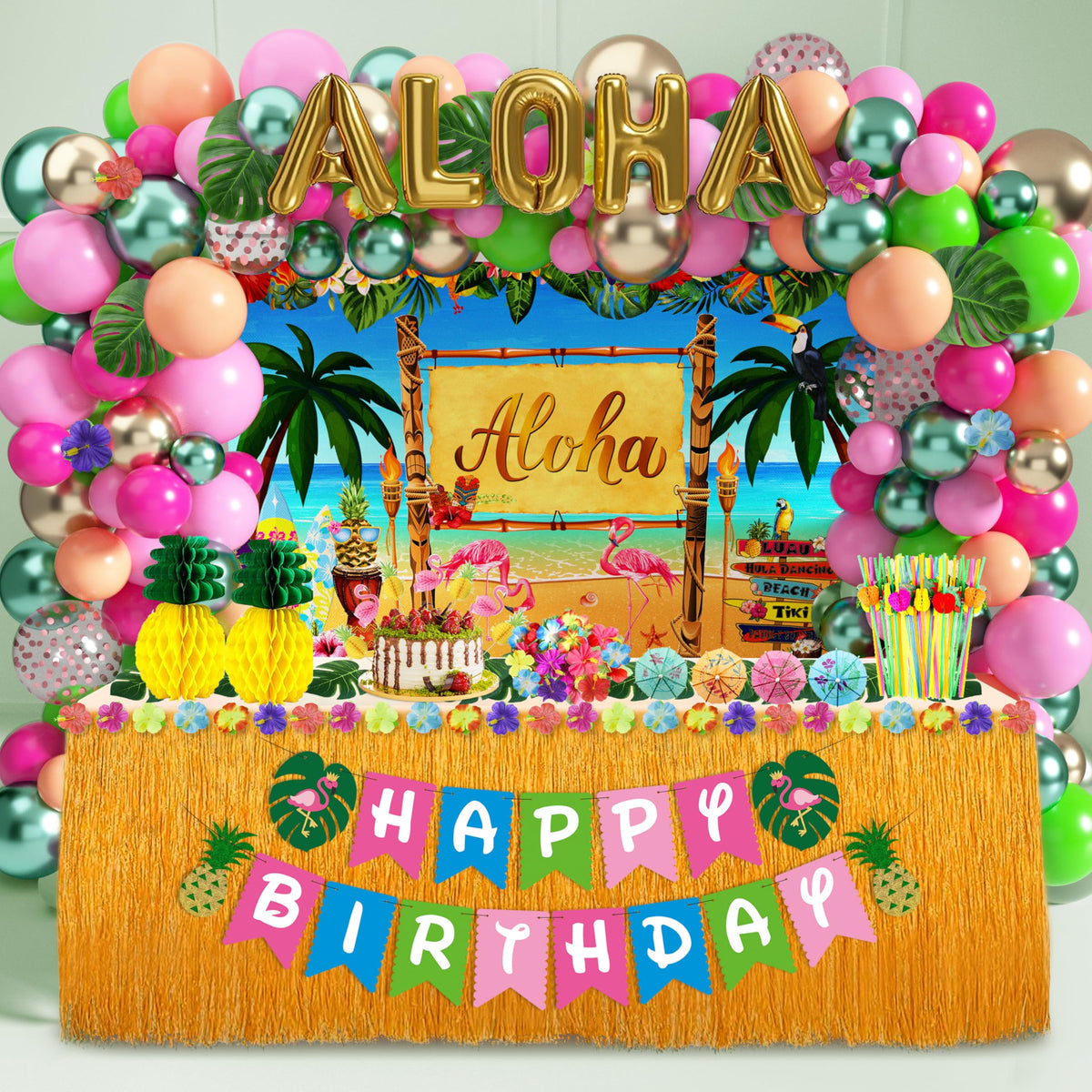 HUFAND Luau birthday balloon arch kit creates a vibrant tropical backdrop for celebrations.