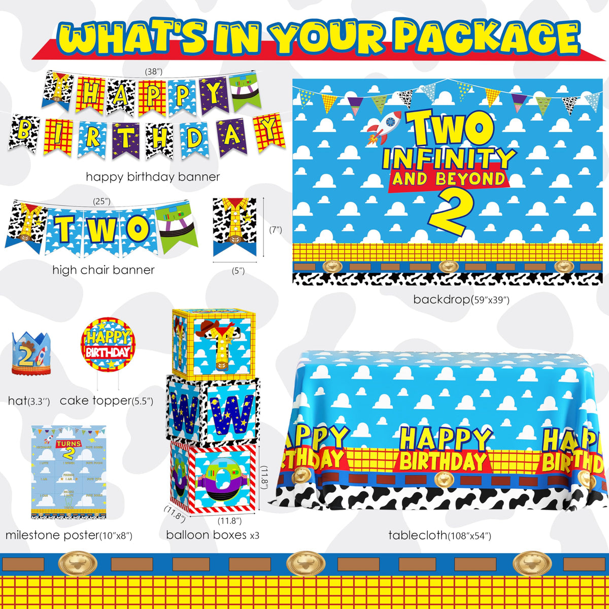 HUFAND toy-theme birthday banner—colorful focal point for celebrations.