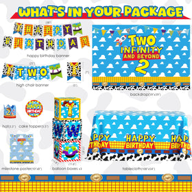 HUFAND toy-theme birthday banner—colorful focal point for celebrations.