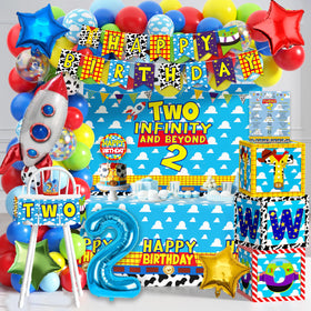 HUFAND Two Infinity balloon arch—eye-catching centerpiece for toy-themed parties.