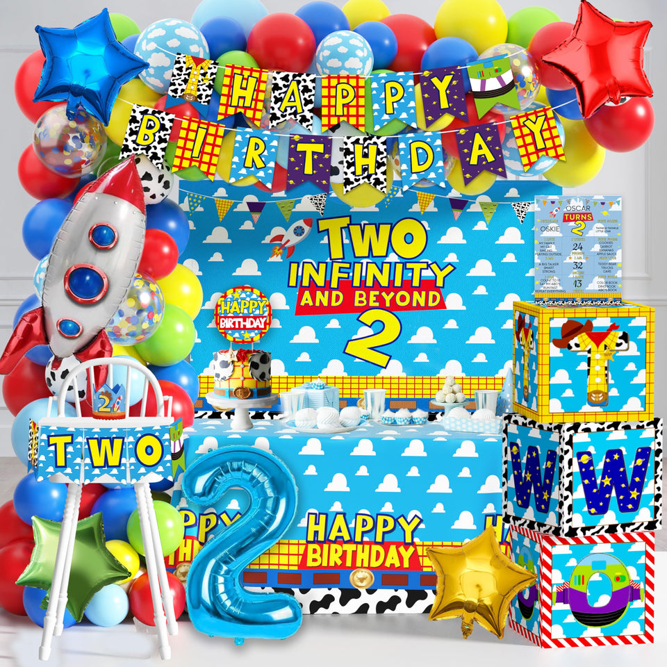 HUFAND Two Infinity balloon arch—eye-catching centerpiece for toy-themed parties.