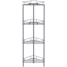 HuggieGems 4-tier corner shower caddy keeps shampoos organized in small bathrooms.
