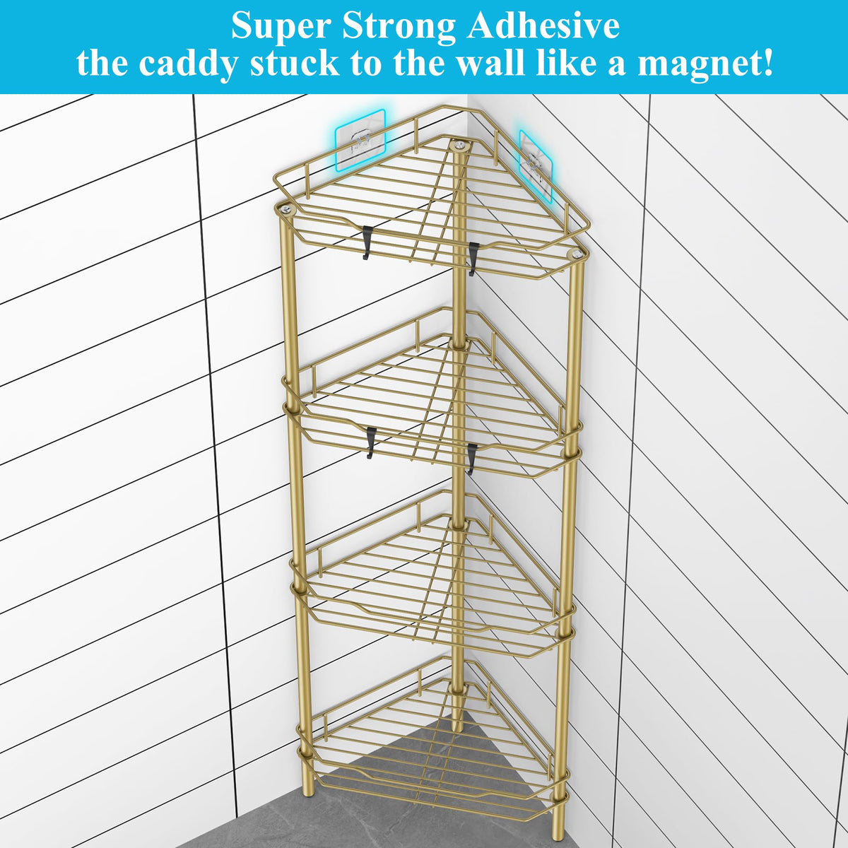 HuggieGems gold shower shelf with hooks for quick towel and brush access