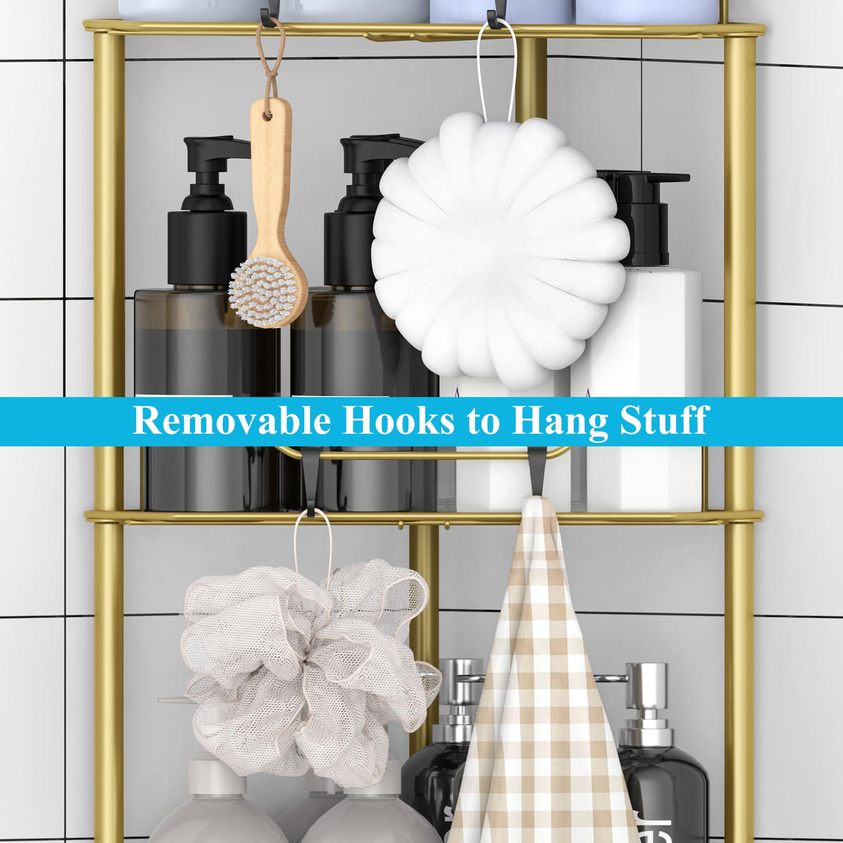 HuggieGems gold bathroom organizer shows rustproof design and easy drainage