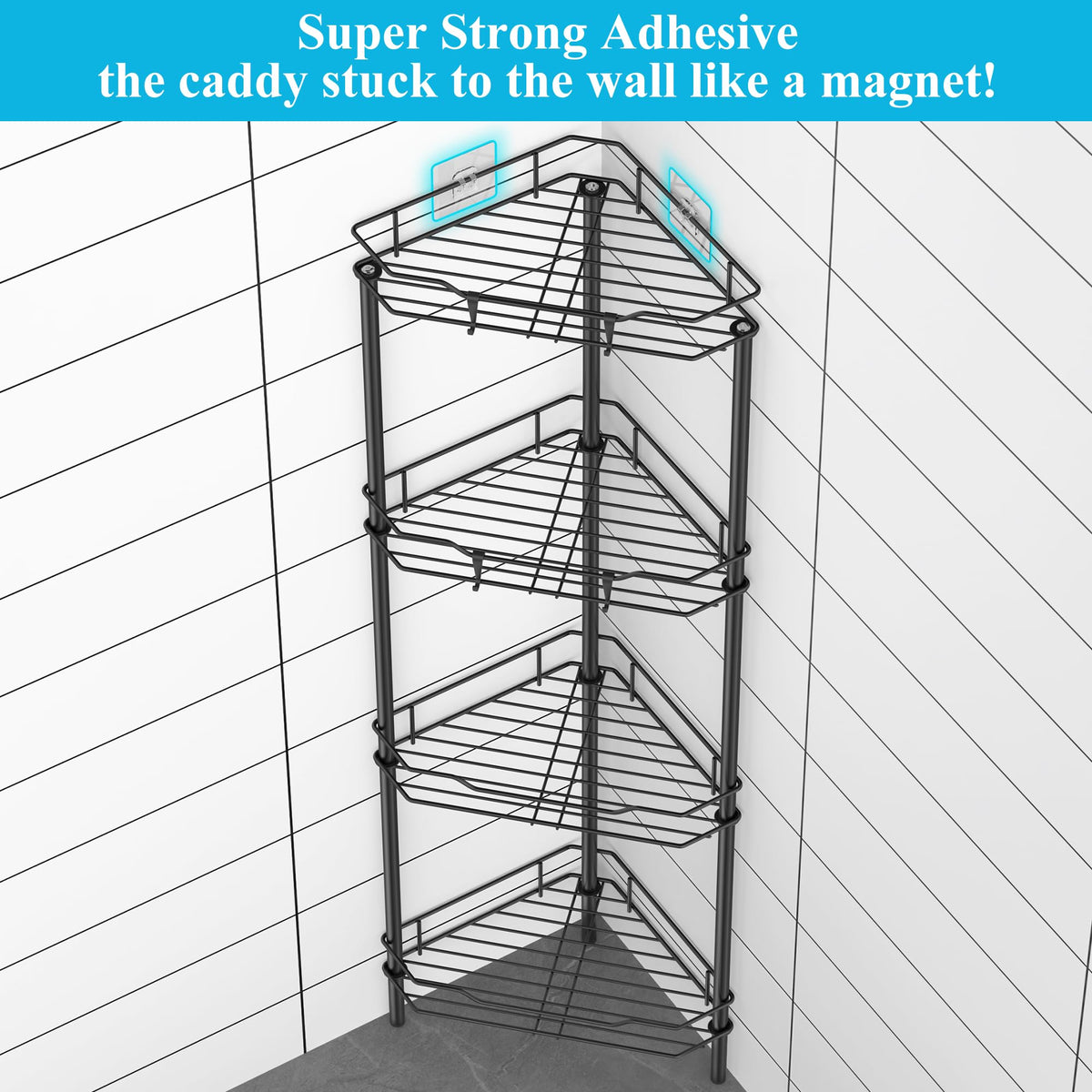 HuggieGems corner shower caddy with hooks organizes brushes and accessories for easy access.