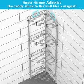 HuggieGems corner shower caddy hooks keep brushes and razors within easy reach.