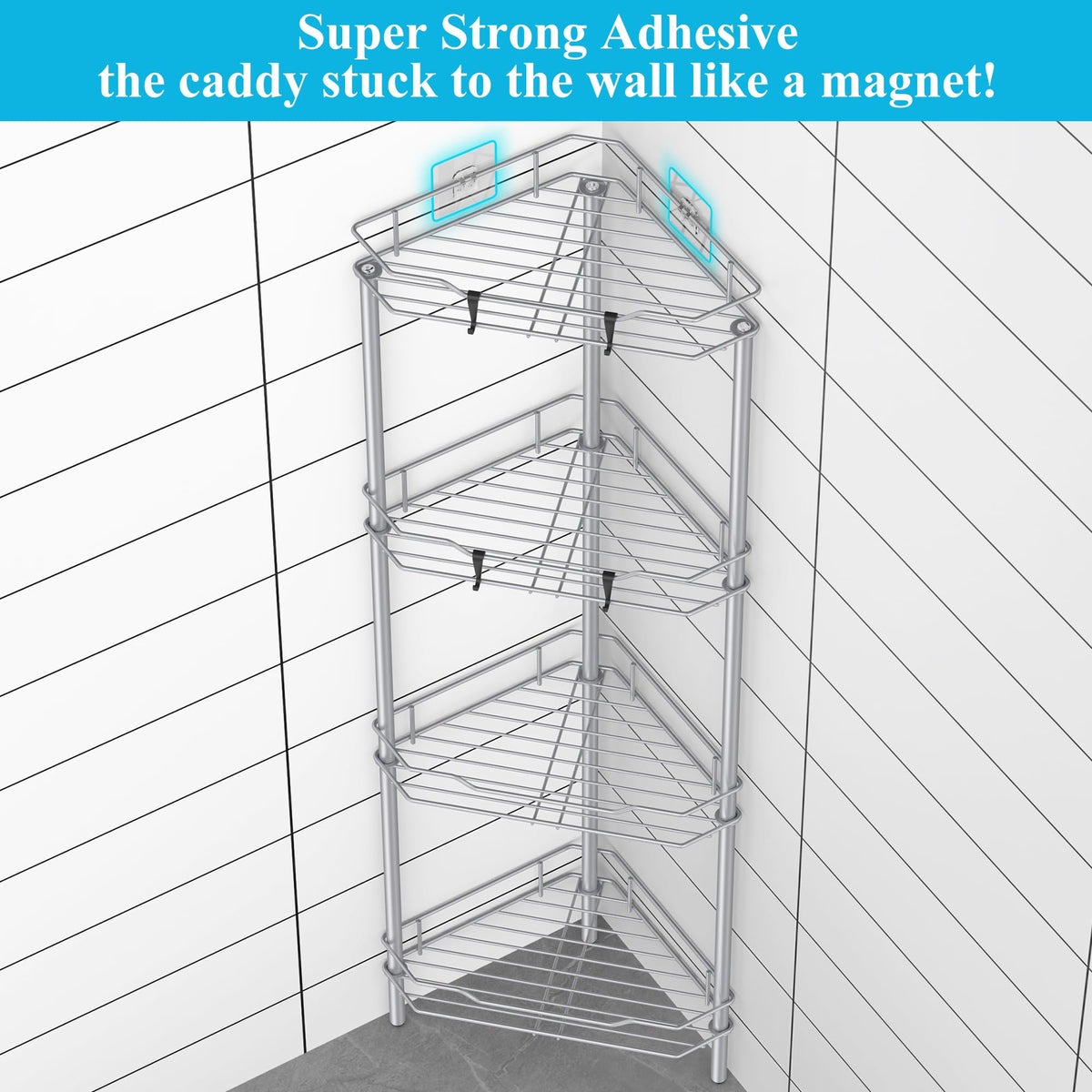HuggieGems corner shower caddy silver stand keeps bathroom essentials organized.
