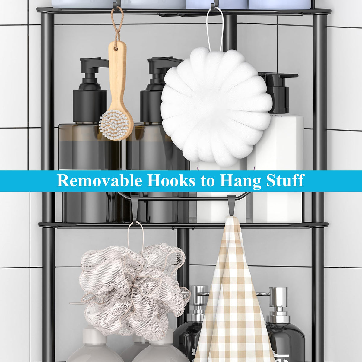 HuggieGems drainage-enabled shelves help water drain after showers.