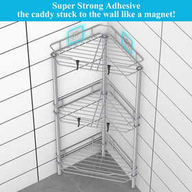 HuggieGems floor-standing shower shelf for accessible shampoo and soap.