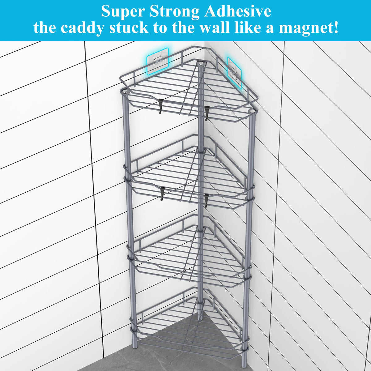 HuggieGems floor standing shower shelves provide stable bath storage.