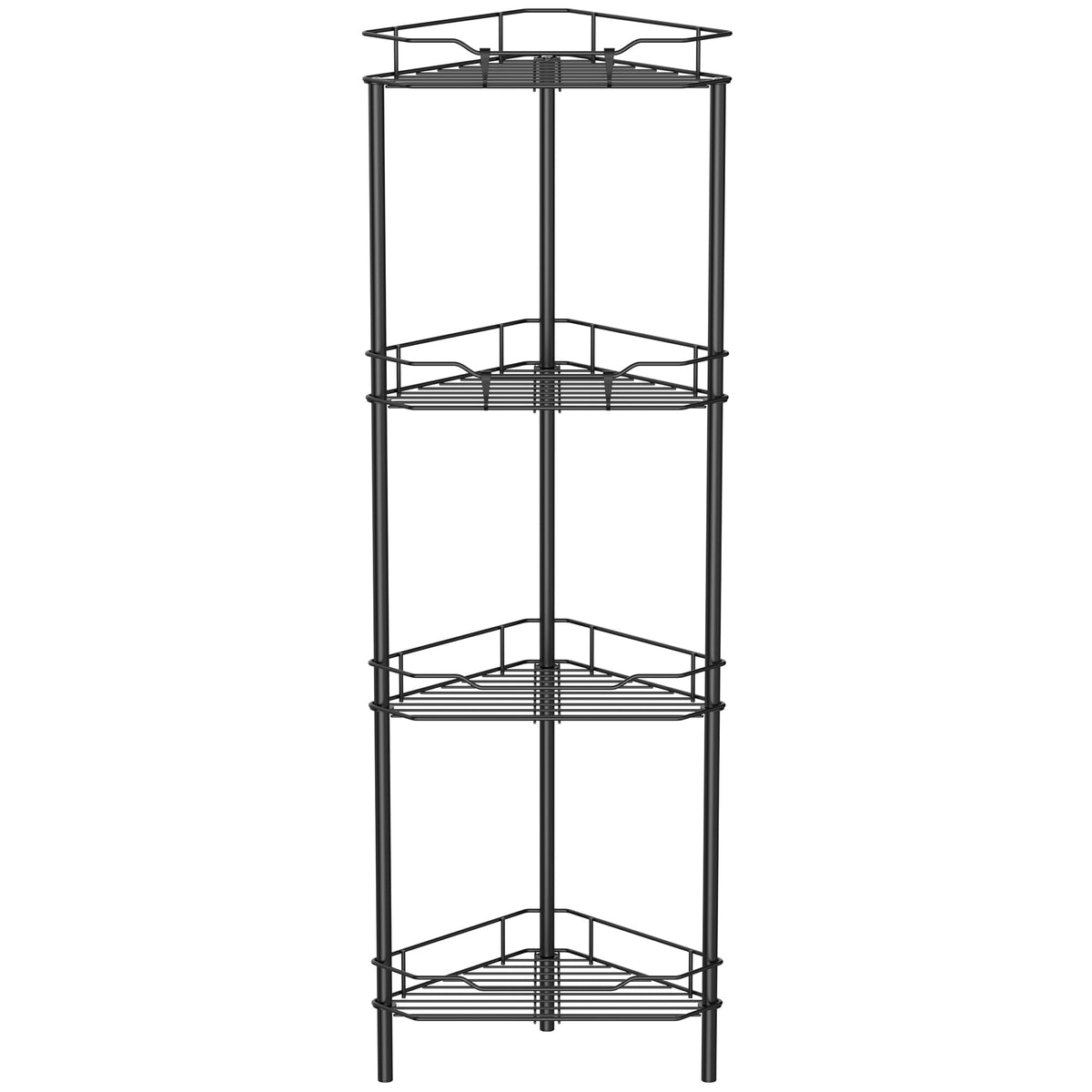 HuggieGems four-tier corner shower caddy in black keeps toiletries neatly within reach.