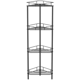 HuggieGems four-tier corner shower caddy in black keeps toiletries neatly within reach.