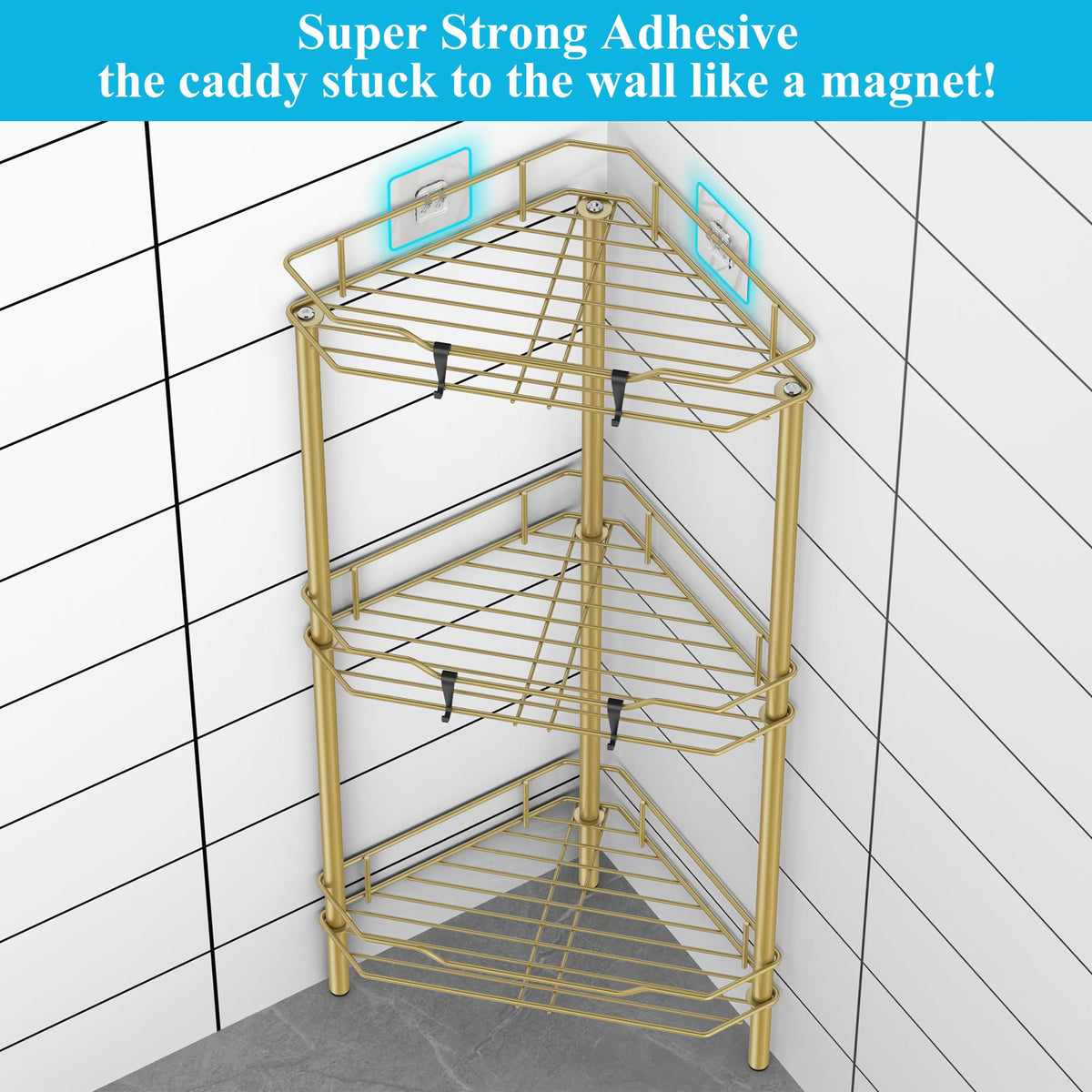 HuggieGems rustproof shower caddy with hooks for brushes and grooming tools.