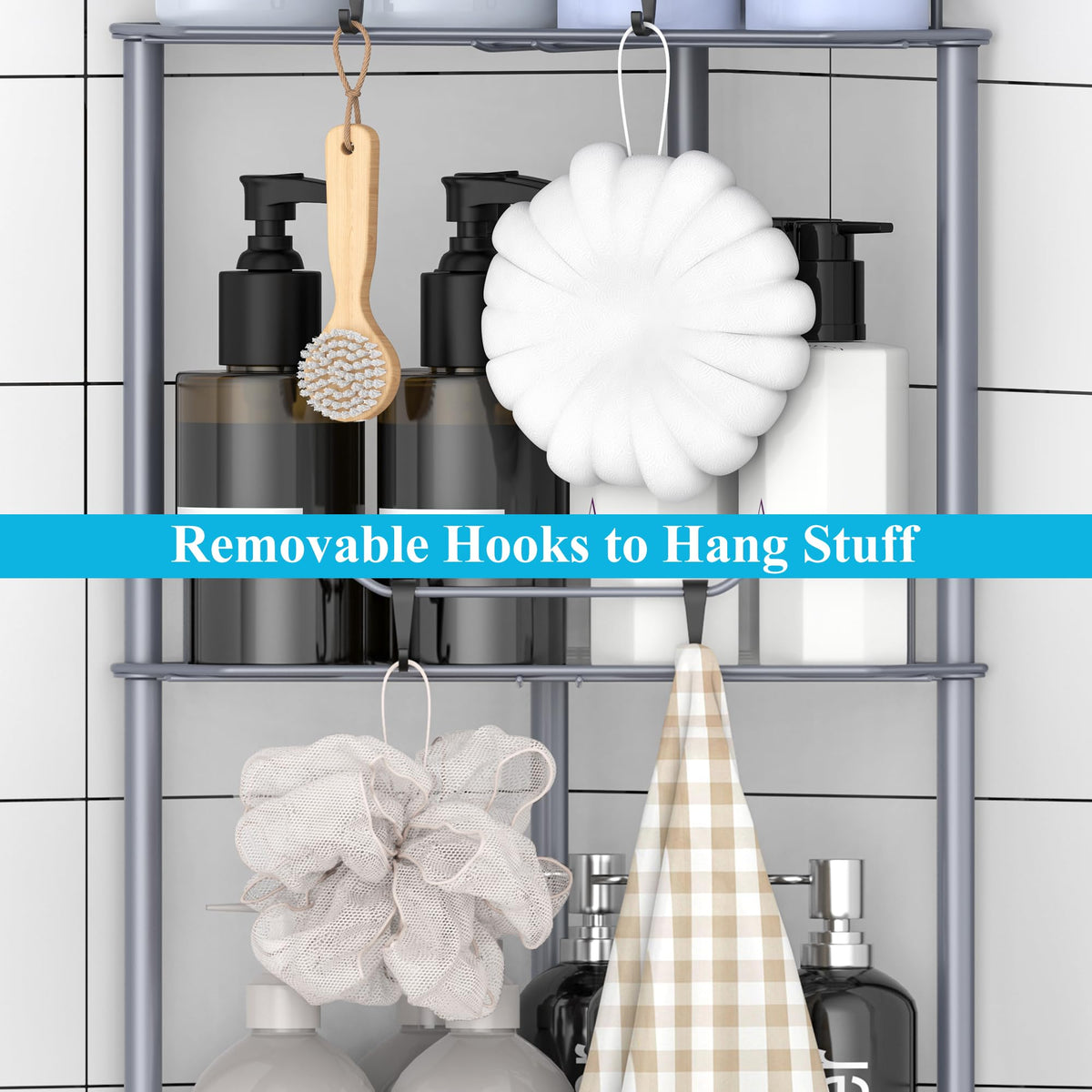 HuggieGems shower caddy hooks for brushes and accessories.