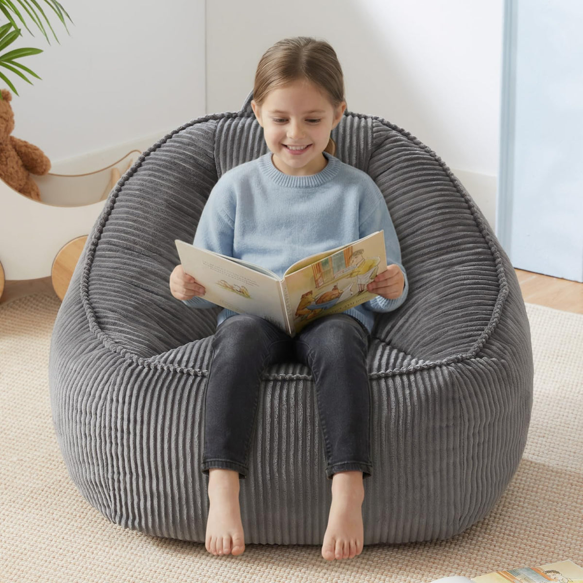 HUGHEAVEN kids bean bag chair in grey fabric for cozy lounging.