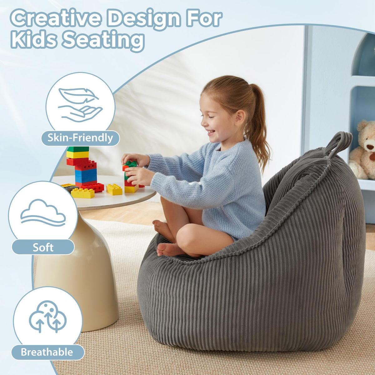 HUGHEAVEN toddler reading chair grey supports calm study sessions.