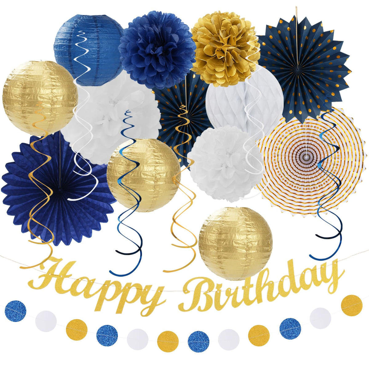 Huglony navy blue, white, and gold birthday banner adds elegant celebration flair.