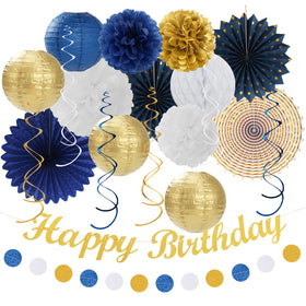 Huglony navy blue, white, and gold birthday banner adds elegant celebration flair.
