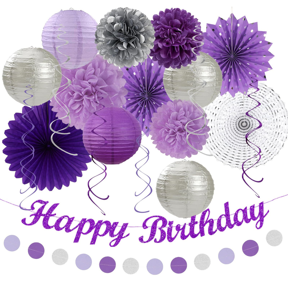 Huglony purple lavender silver happy banner enhances party decor and photo moments.