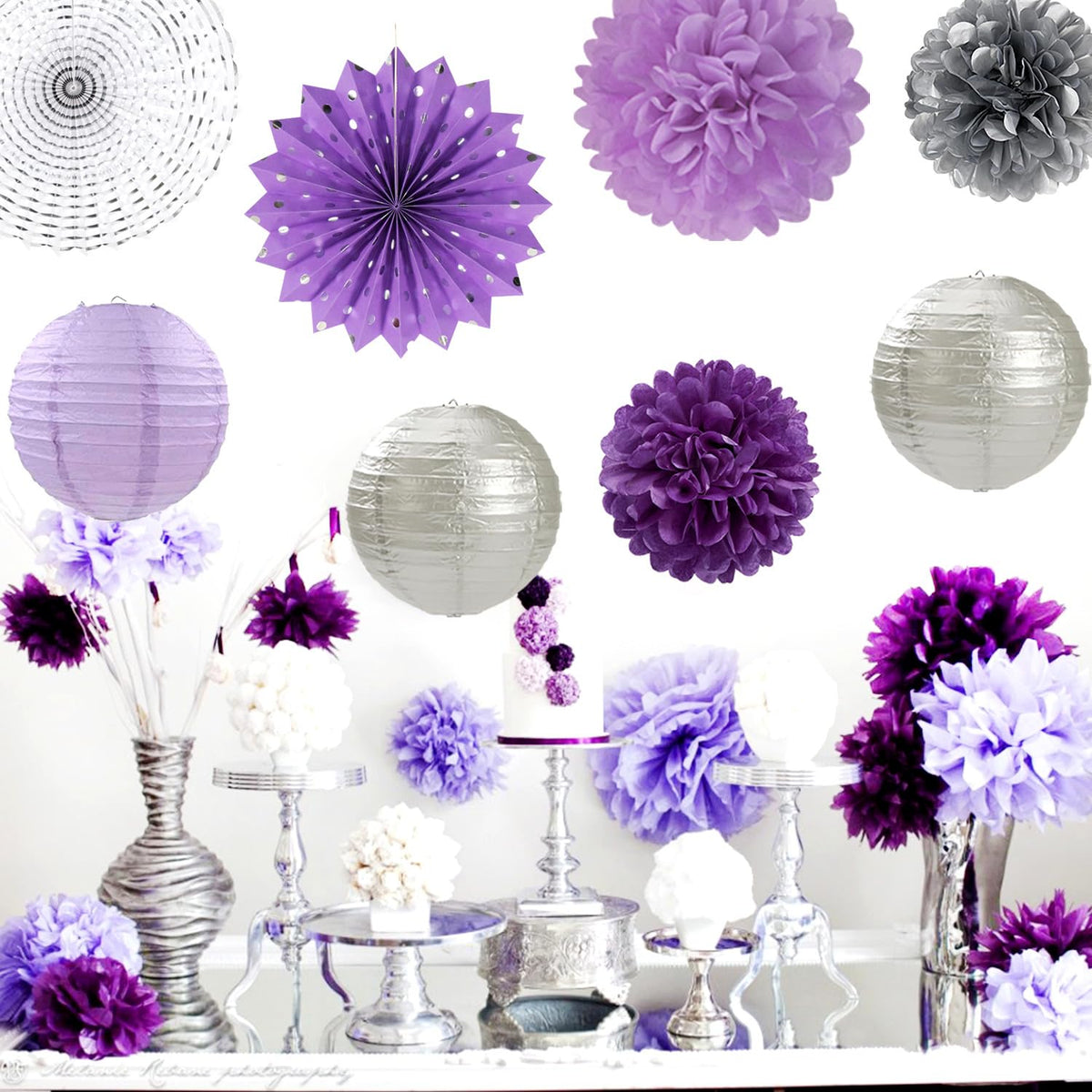 Huglony paper flower fans introduce color and visual interest to walls.