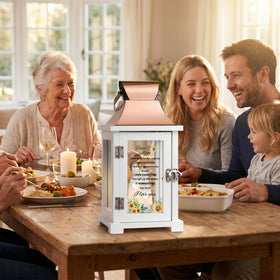 HugMemories lantern on a shelf creates a warm family atmosphere.
