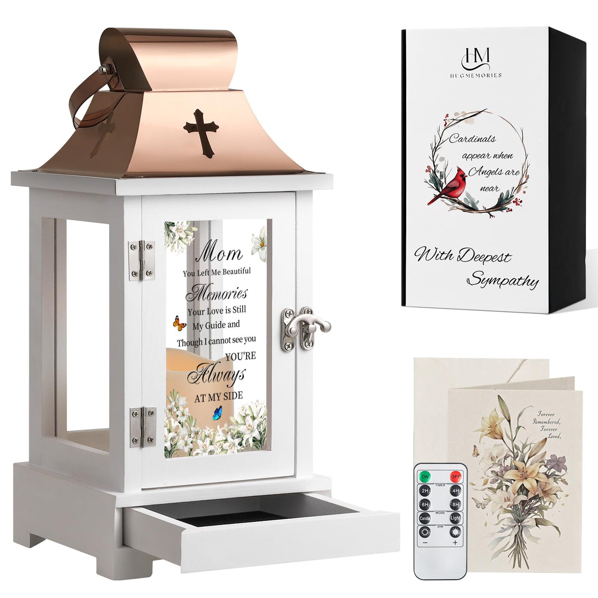 HugMemories memorial lantern with drawer for keepsakes and memories.