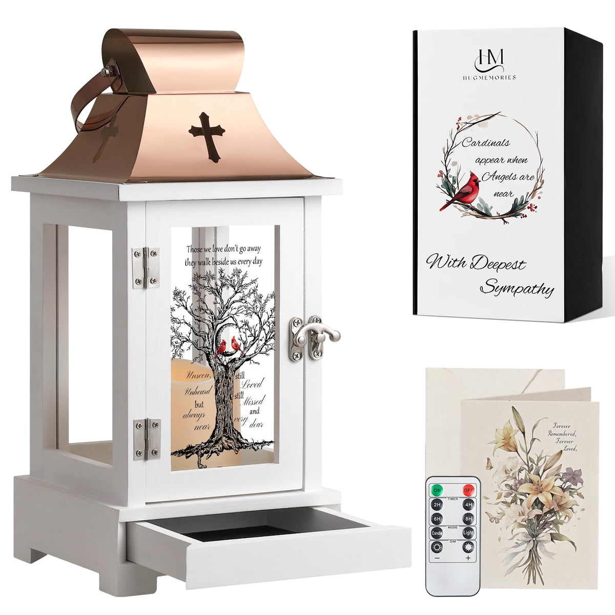 HugMemories memorial lantern with drawer shows keepsakes in a comforting flameless glow.