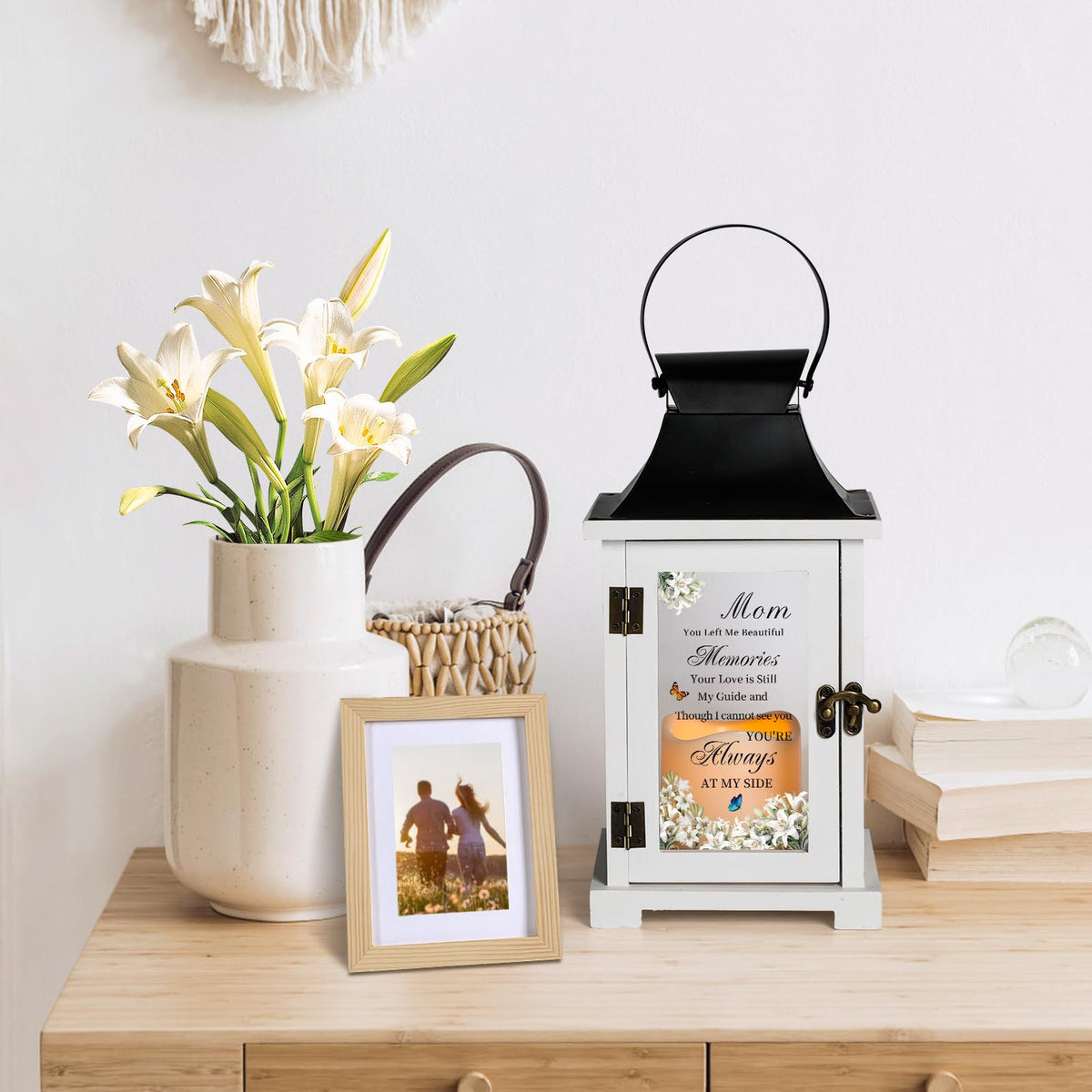 HugMemories lantern with glass sides showcases candlelight, adding warmth to any room.