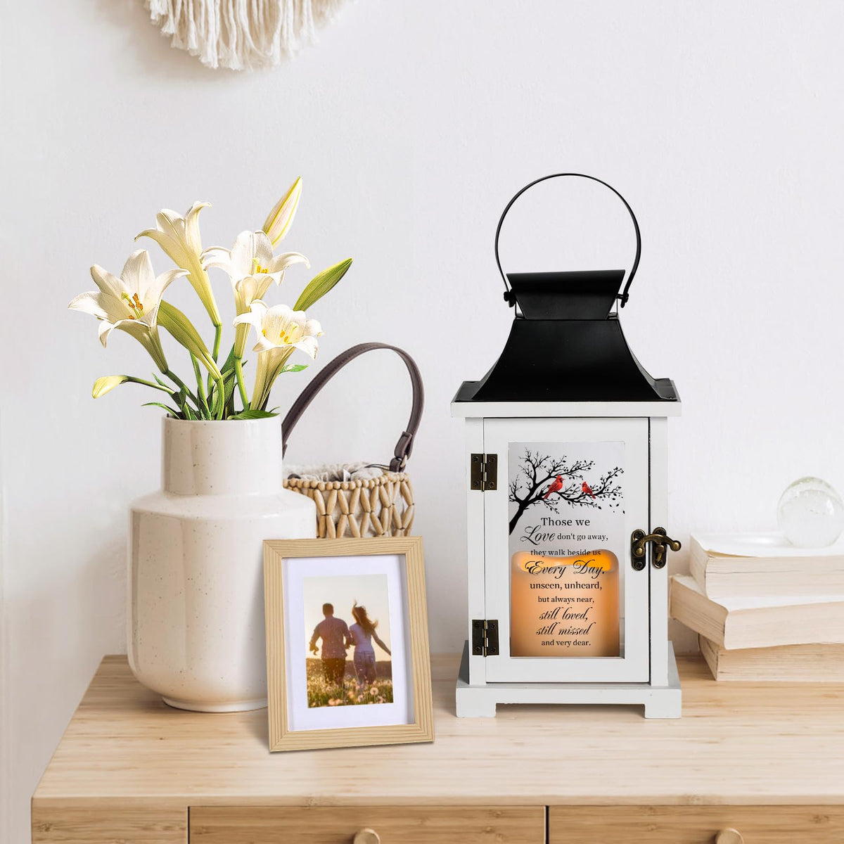 HugMemories memorial lantern with rust-proof iron and glass sides enhances warm light.