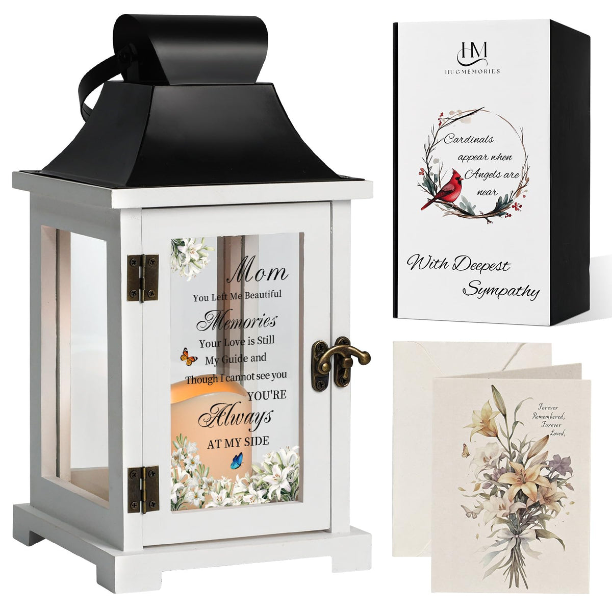 HugMemories memorial lantern with wooden frame glows warmly to honor a loved one.