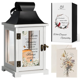 HugMemories memorial lantern with wooden frame glows warmly to honor a loved one.