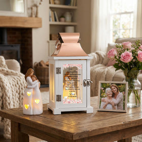 HugMemories lantern shows a rose-gold top for elegant decor appeal.