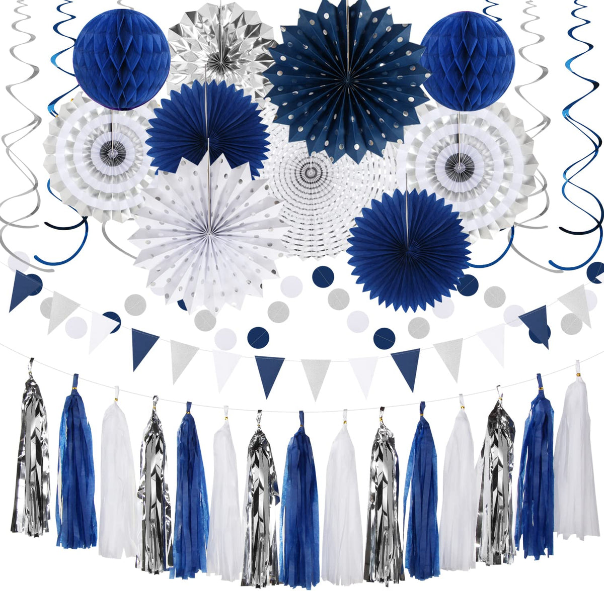 Hugtmr navy-blue white-silver banner pennants for elegant graduation decor