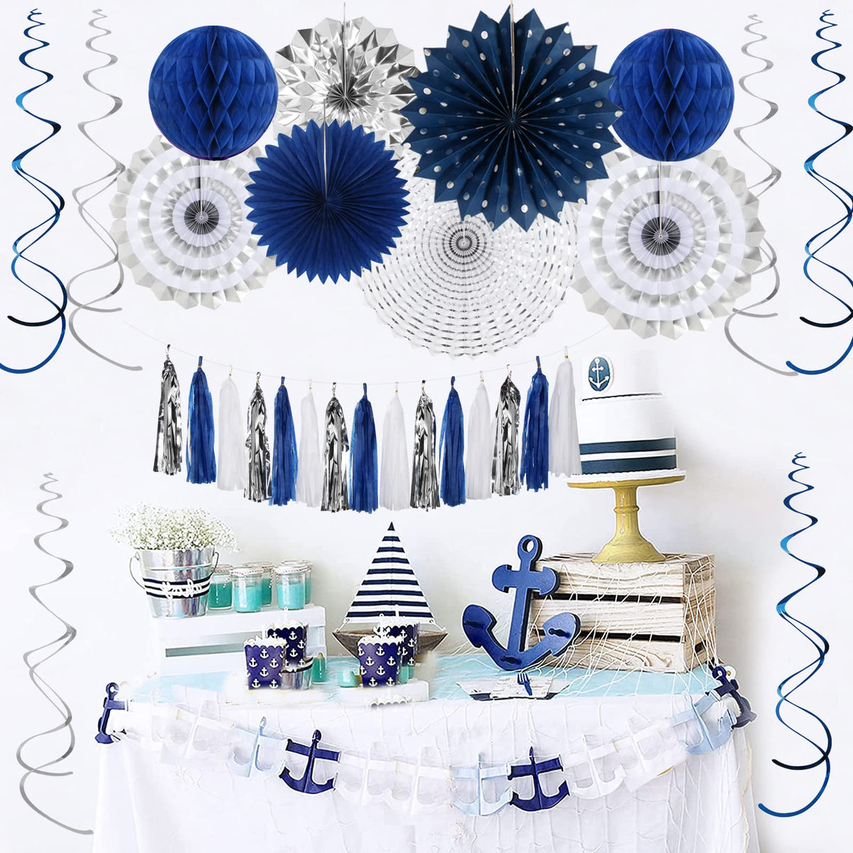 Hugtmr navy-blue white-silver 10-inch paper lantern fans illuminate ceilings