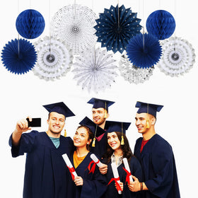 Hugtmr navy-blue white-silver 16-inch lantern fans serve as bold focal points