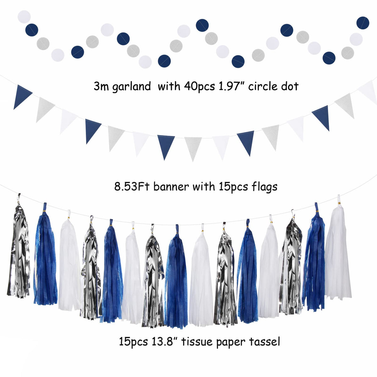 Hugtmr navy-blue white-silver tissue pom poms create soft volume