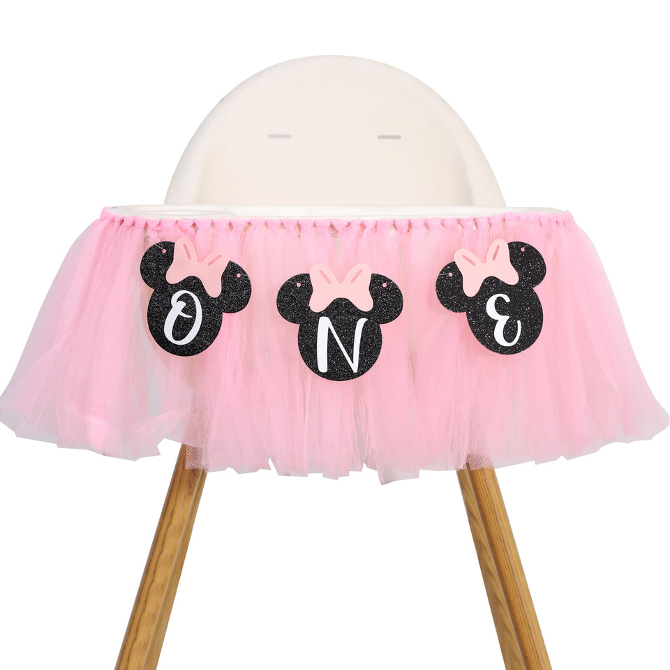 HUHJRUAR Mouse One high chair banner in pink, ideal first birthday decor backdrop