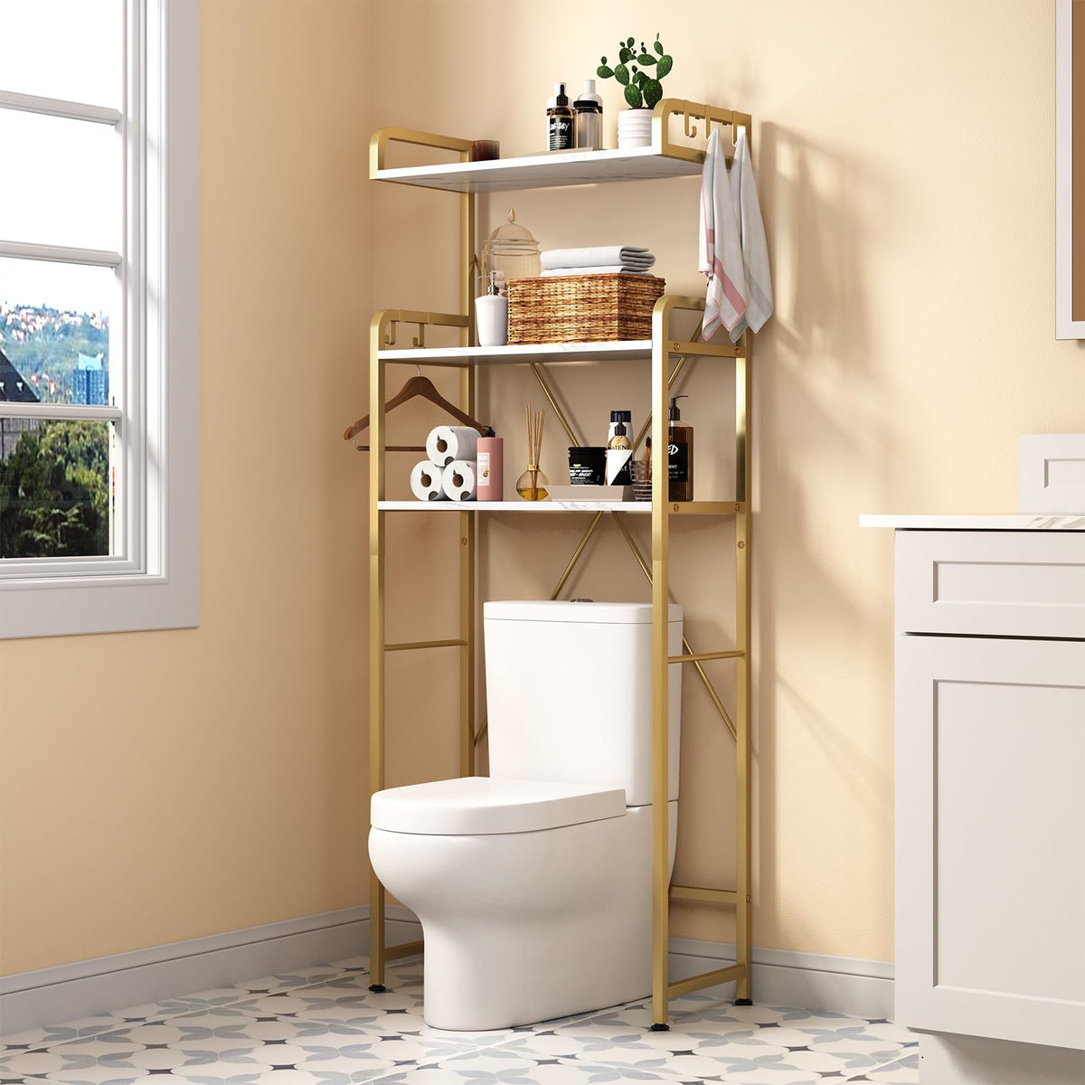 Huhote over-toilet storage rack with 3 tiers for organized bathroom space.