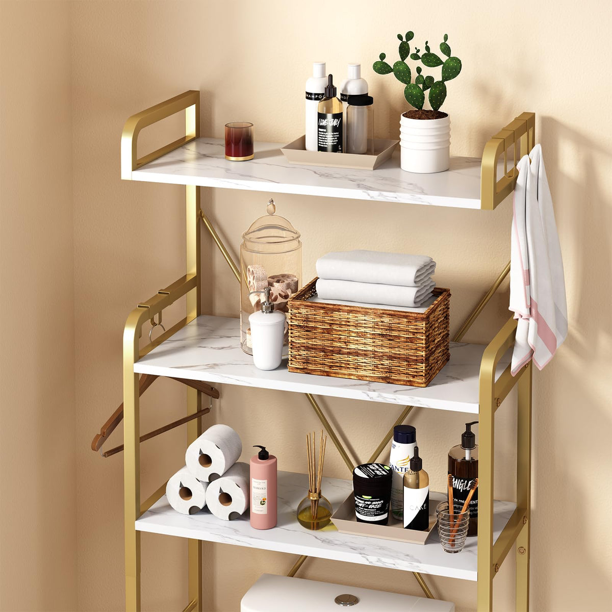 Huhote sturdy metal brackets ensure durable over-toilet storage.