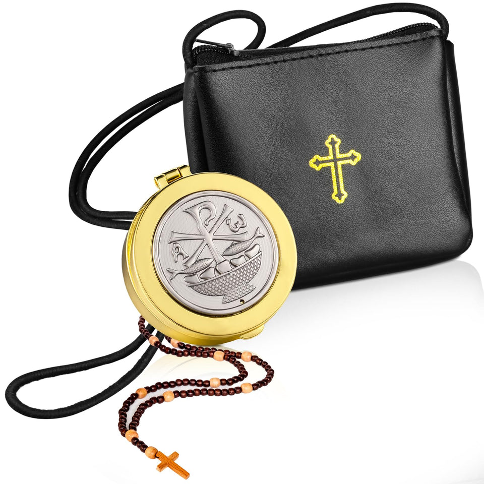 Huhumy cross pyx box in gold tone for secure communion host transport.